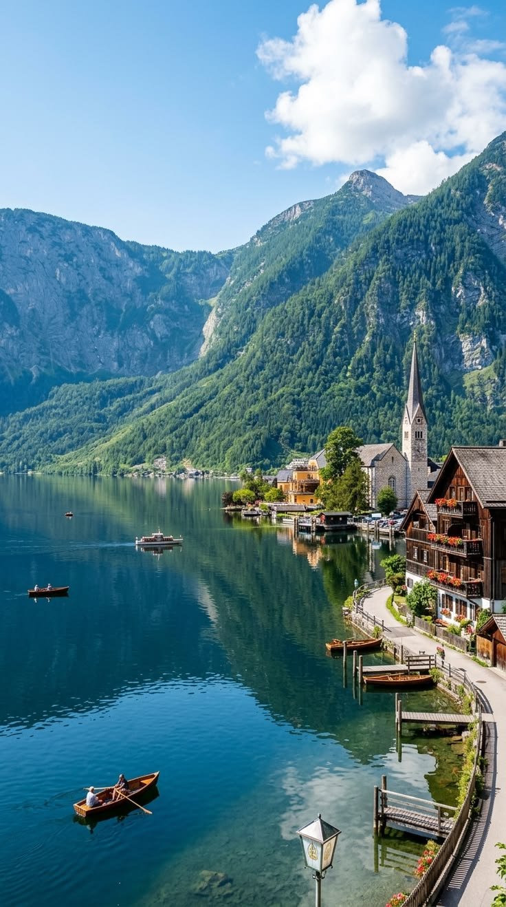 This may contain: a lake surrounded by mountains with boats in the water and houses on either side that are connected to each other