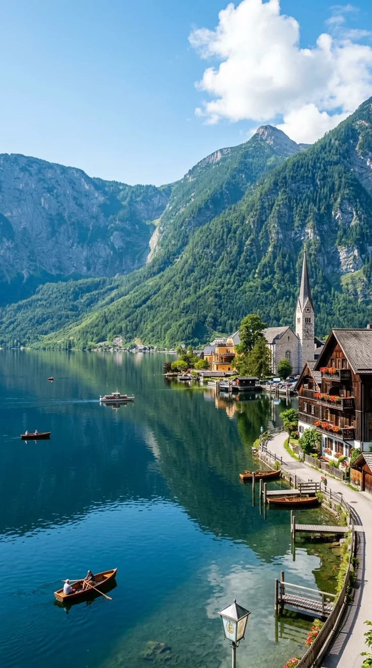 This may contain: a lake surrounded by mountains with boats in the water and houses on either side that are connected to each other