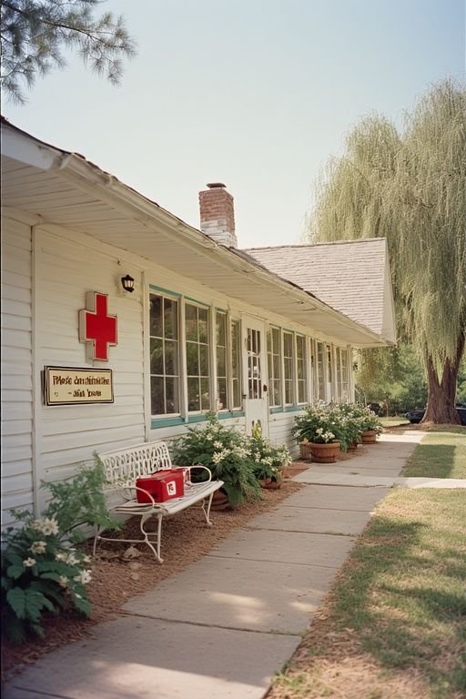 This may contain: a red cross sign on the side of a white house with flowers and trees around it