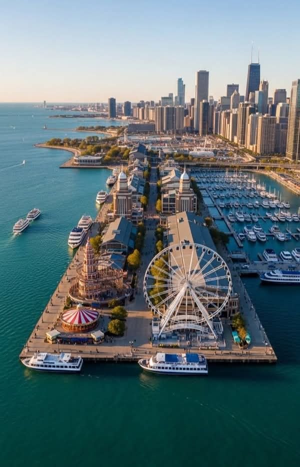 This may contain: an aerial view of a ferris wheel in the middle of a harbor with boats and large city buildings
