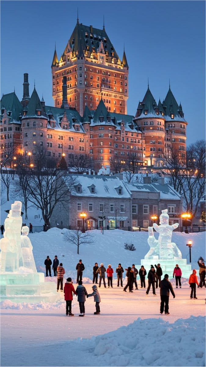 This may contain: people are gathered around an ice sculpture in front of a large building at night time