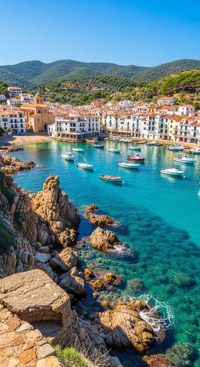 This may contain: boats are floating in the clear blue water next to some buildings and hills on the shore