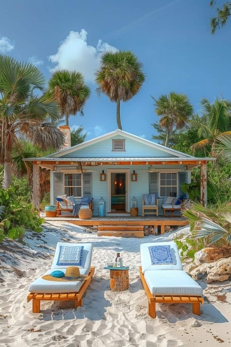 This may contain: two chaise lounges on the beach in front of a house with palm trees