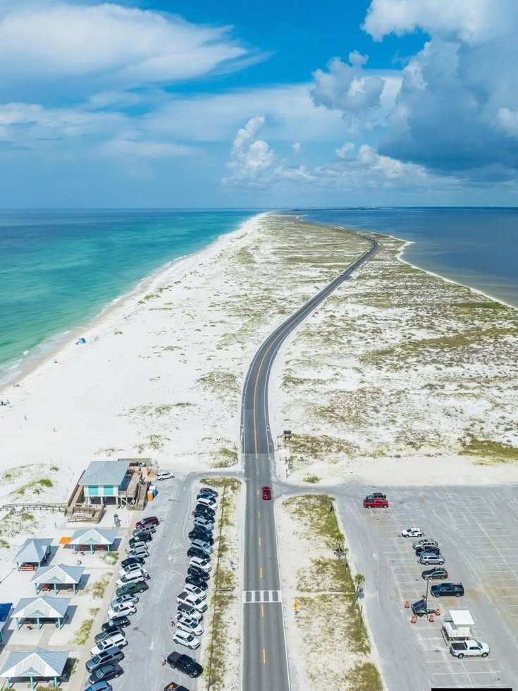 This may contain: an aerial view of the beach with cars parked on it