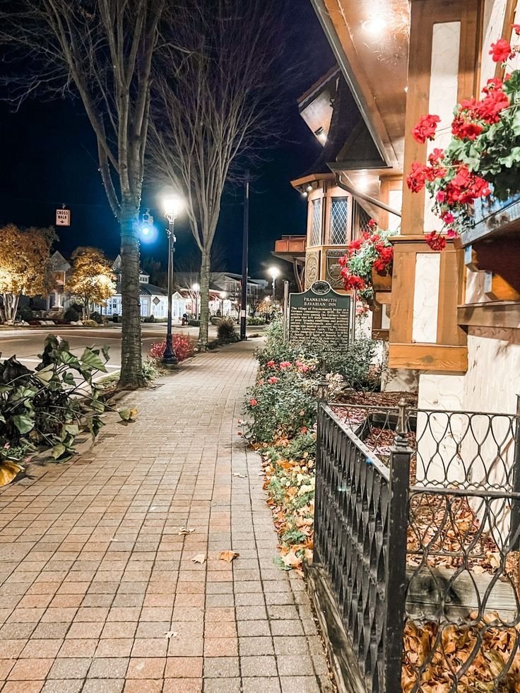 This may contain: a sidewalk with flowers and trees on it at night