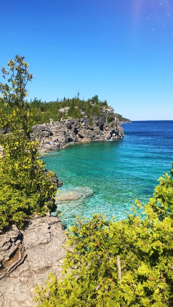 This may contain: the water is crystal blue and clear at this point in the woods near some trees