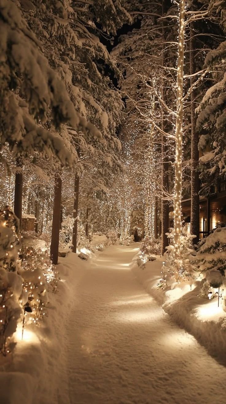This may contain: a snowy path with lights in the trees