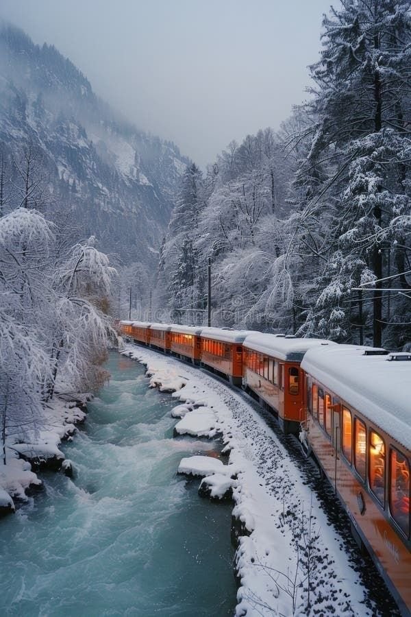 This may contain: a train traveling down tracks next to a snow covered forest filled with lots of trees