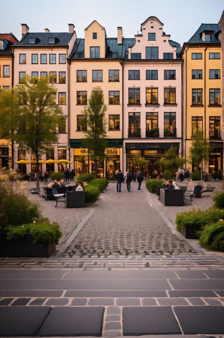 This contains: Experience the magic of Stockholm's Gamla Stan with this stunning image. Cobblestone streets, colorful buildings, and historical charm create a quintessential Swedish scene. #Stockholm #Sweden