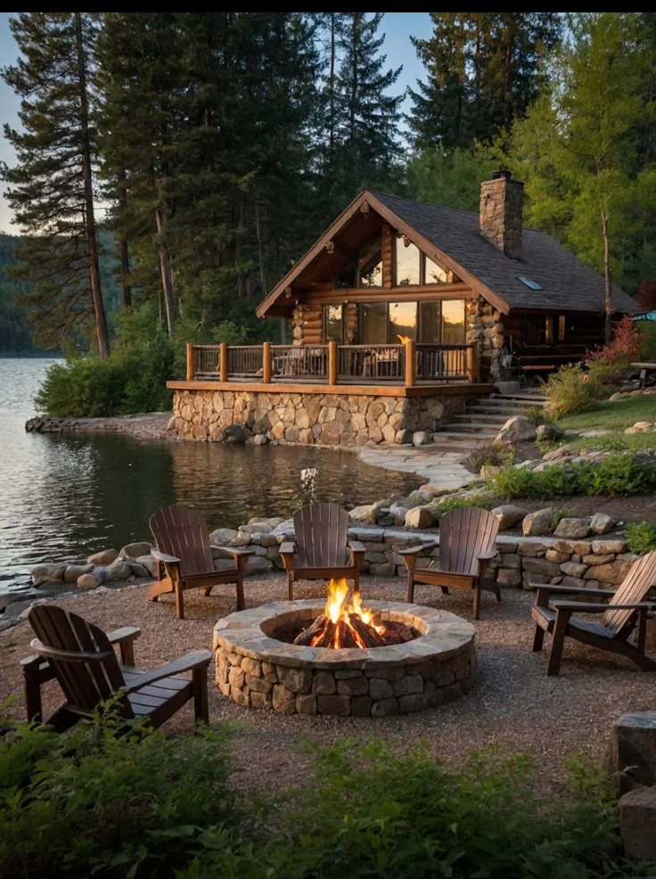 This may contain: a fire pit sitting in front of a lake with chairs around it and a log cabin on the other side