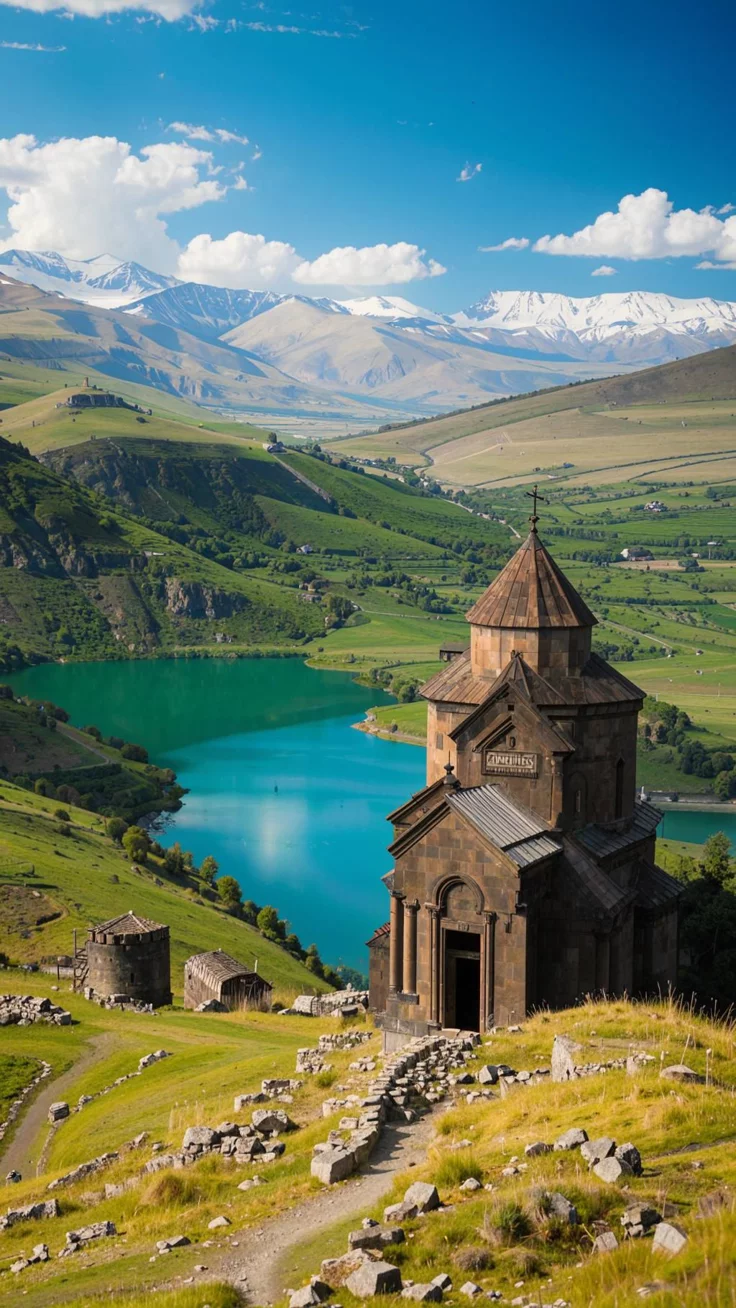 This may contain: an old church sits on the side of a hill overlooking a lake and mountain range