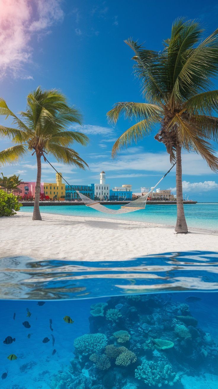 This may contain: a tropical beach with palm trees and blue water