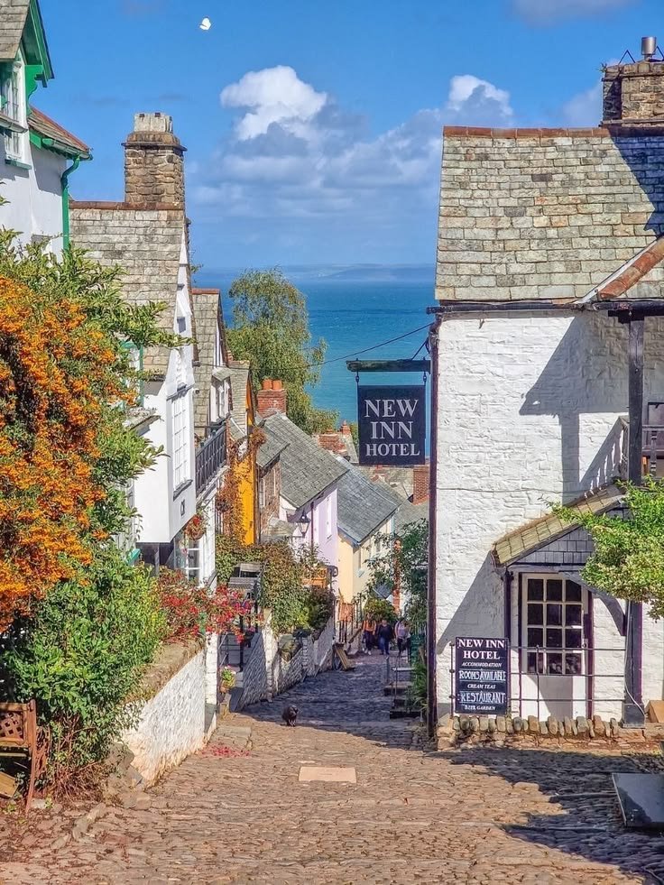 This may contain: an old cobblestone street leading up to the inn on the sea side in england