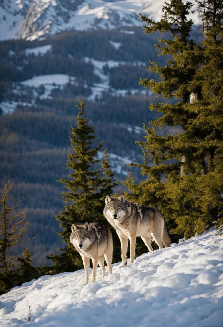 This may contain: two wolfs are standing in the snow near some pine trees and mountain range behind them