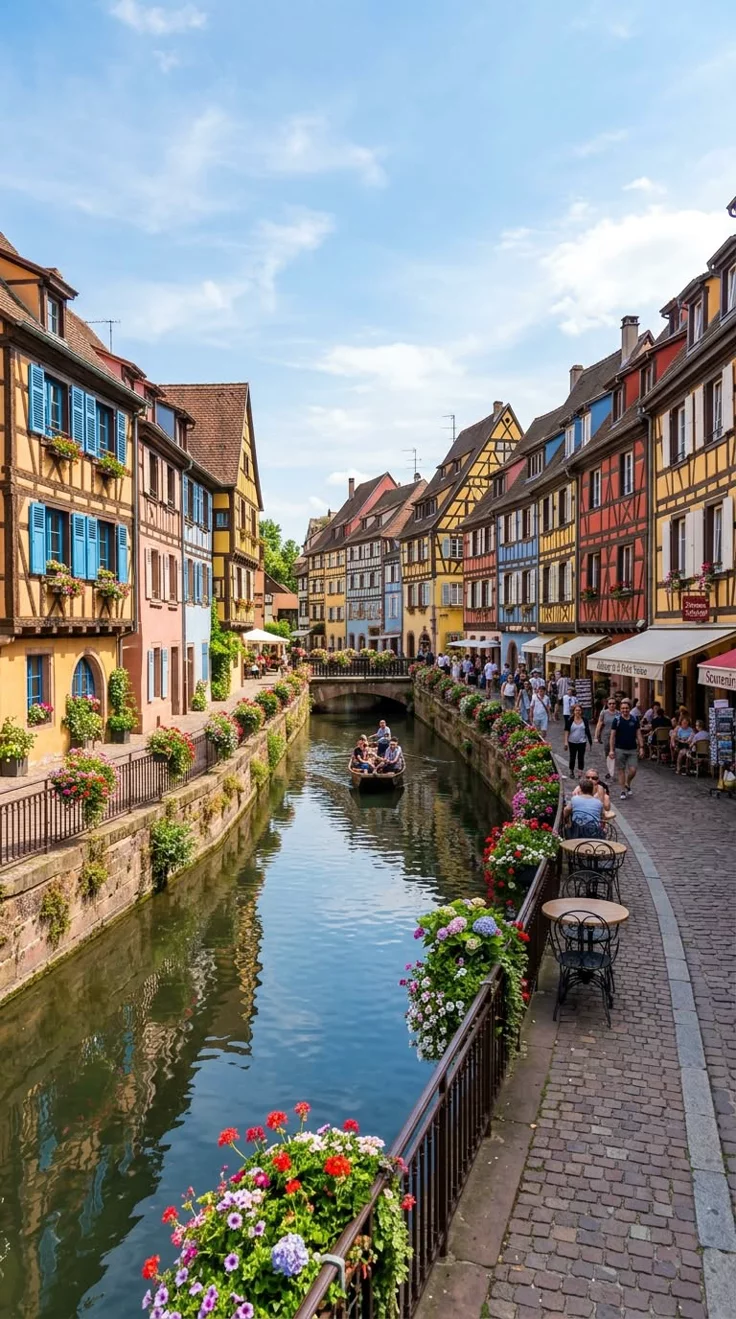 This may contain: people sitting at tables on the side of a river with flowers in front of them