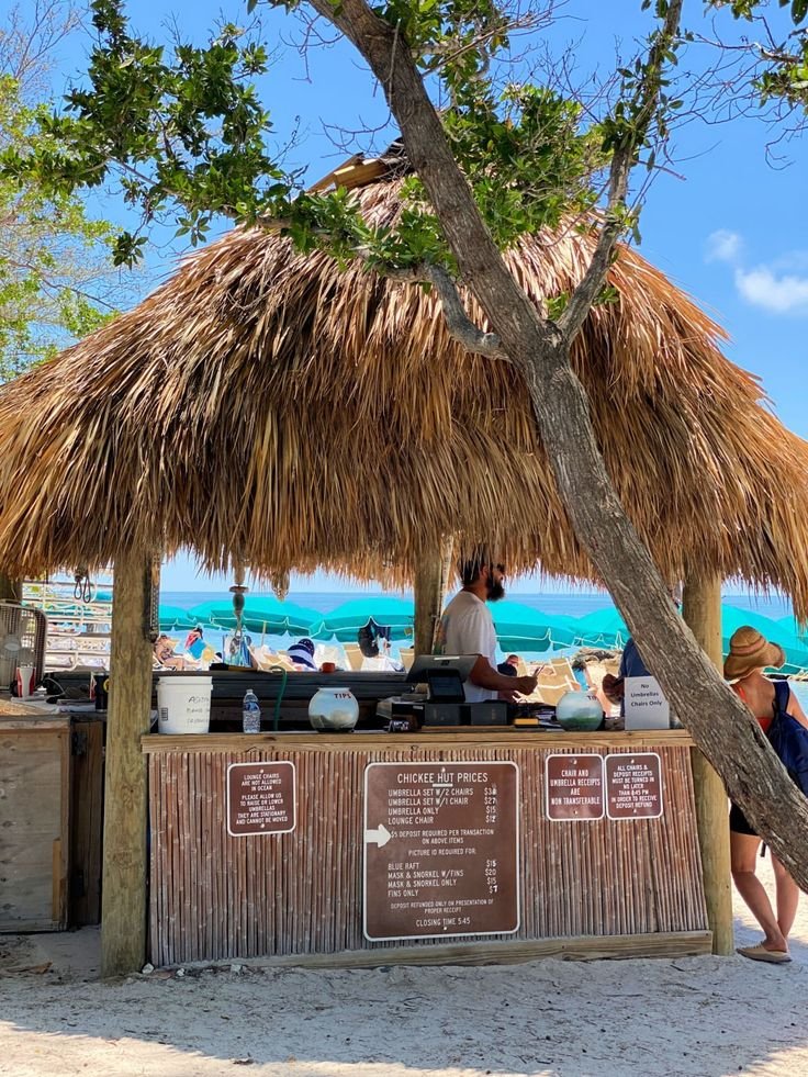 This may contain: people are sitting at an outdoor bar with thatched umbrellas on the beach and blue water in the background
