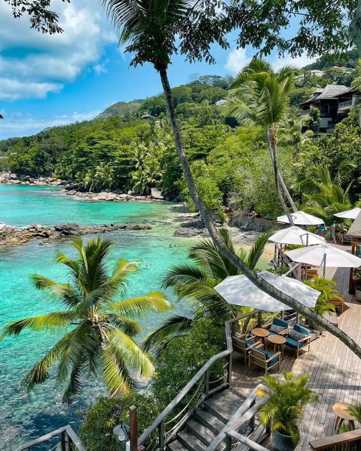 This may contain: an outdoor dining area with tables and umbrellas next to the ocean, surrounded by palm trees