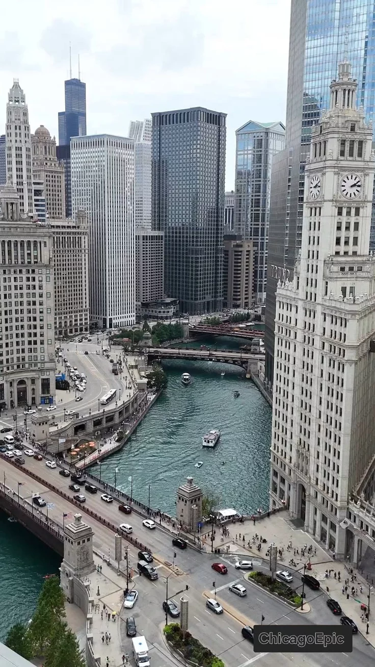This may contain: an aerial view of a city with many tall buildings and cars driving on the street