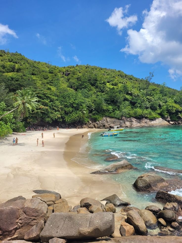 This may contain: people are walking on the beach next to some rocks and green trees in the background