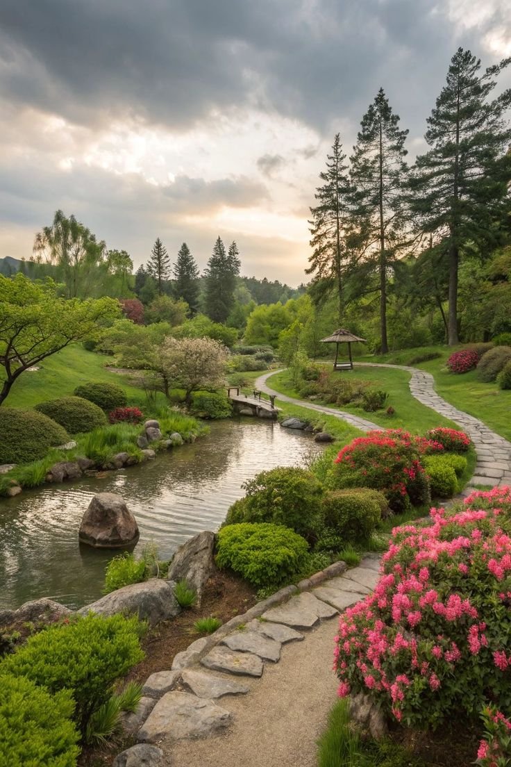 This may contain: a pathway leading to a pond in a garden with pink flowers and greenery on either side