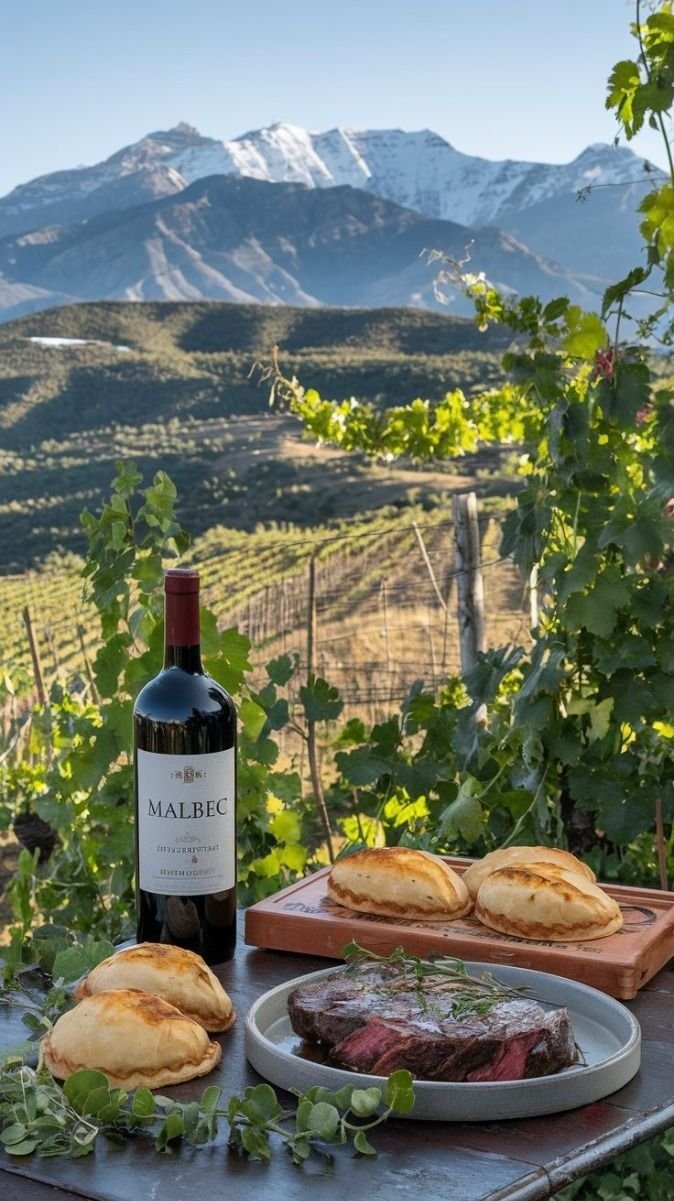 This may contain: a bottle of wine and some food on a table with mountains in the background,