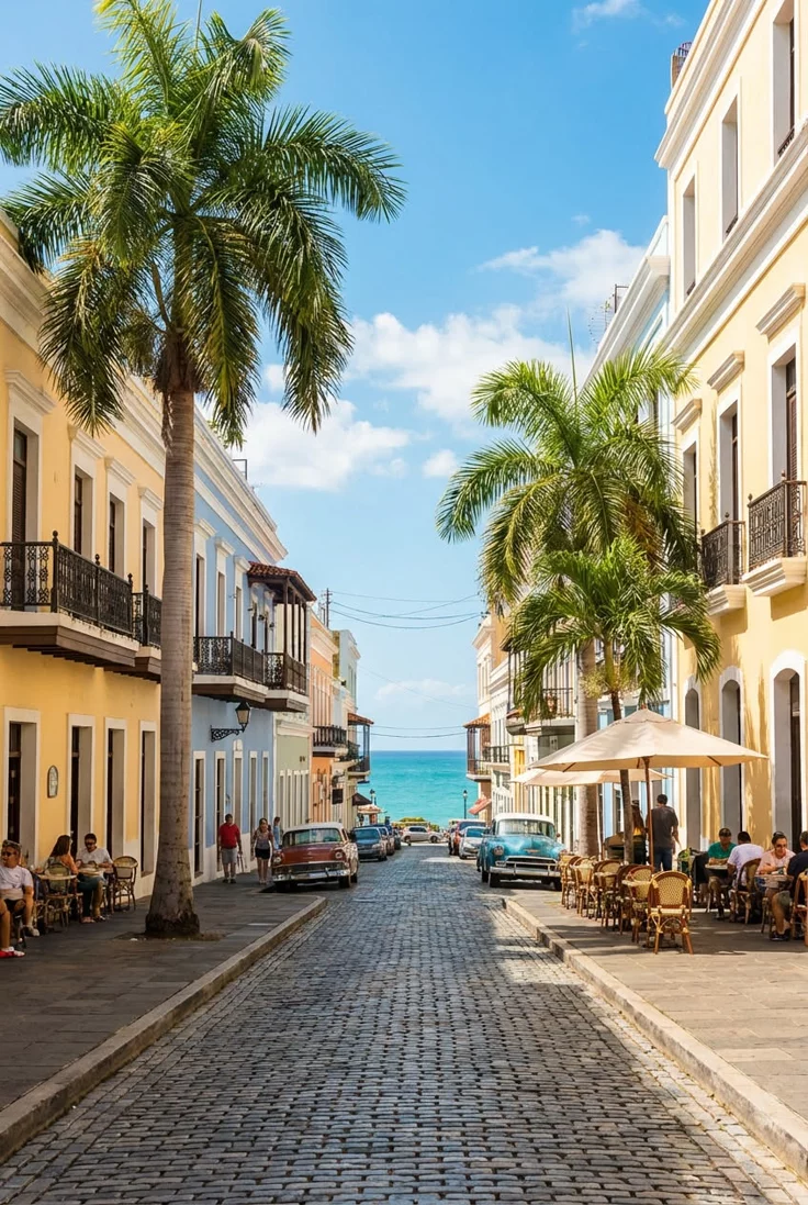 This contains: Sunny cobblestone street in Old San Juan Puerto Rico flanked by pale yellow colonial buildings with iron balconies, tall royal palm trees, vintage classic cars parked along the road, outdoor café seating with umbrellas, turquoise ocean at the end of the street.