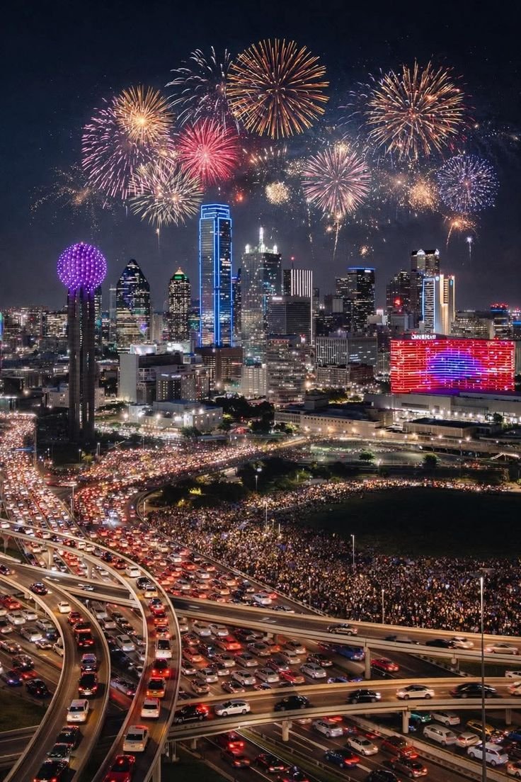 This may contain: fireworks are lit up in the night sky over a busy highway and cityscape