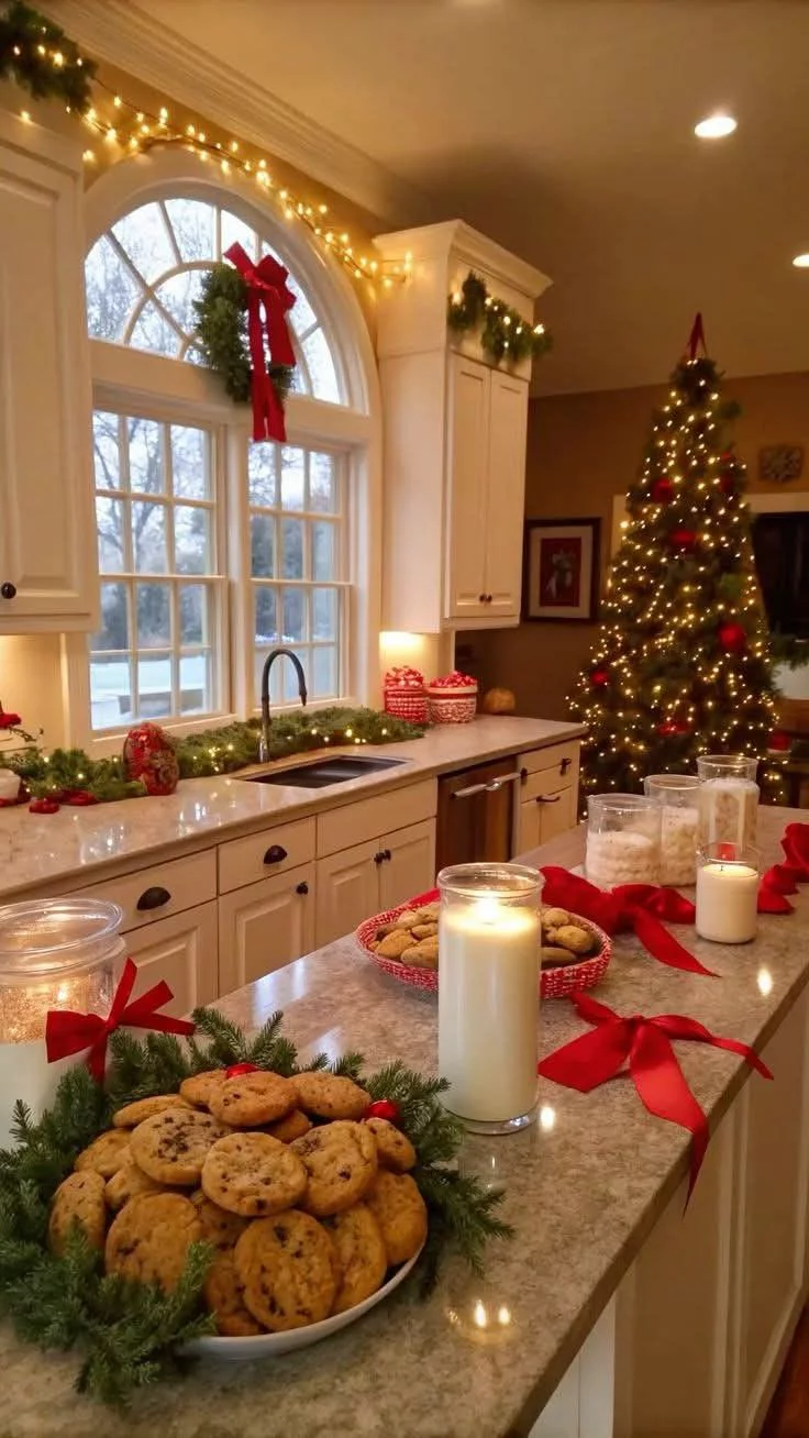 This may contain: a kitchen decorated for christmas with cookies and candles
