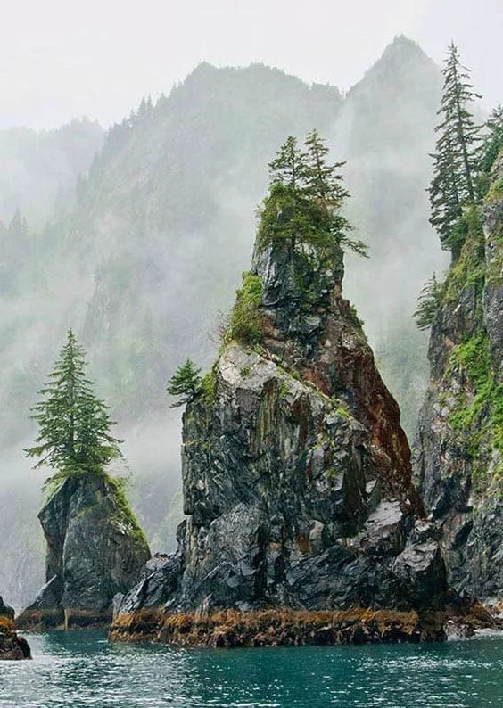 This may contain: an island in the middle of water surrounded by mountains and pine trees on a foggy day