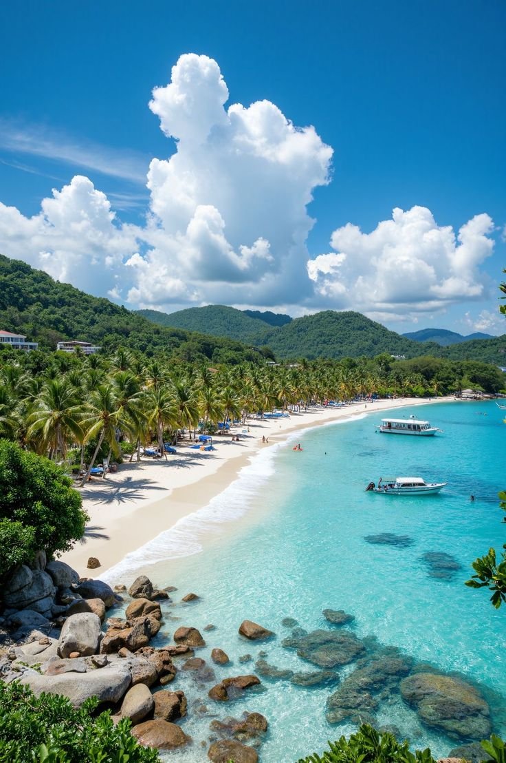 This may contain: the beach is surrounded by palm trees and clear blue water with boats in the water