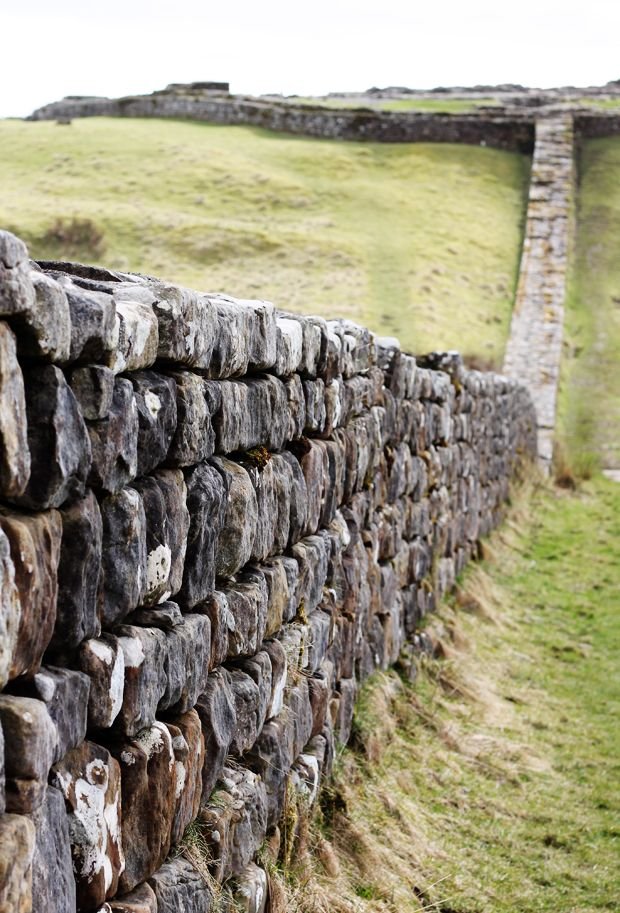 This may contain: a stone wall with grass in the background