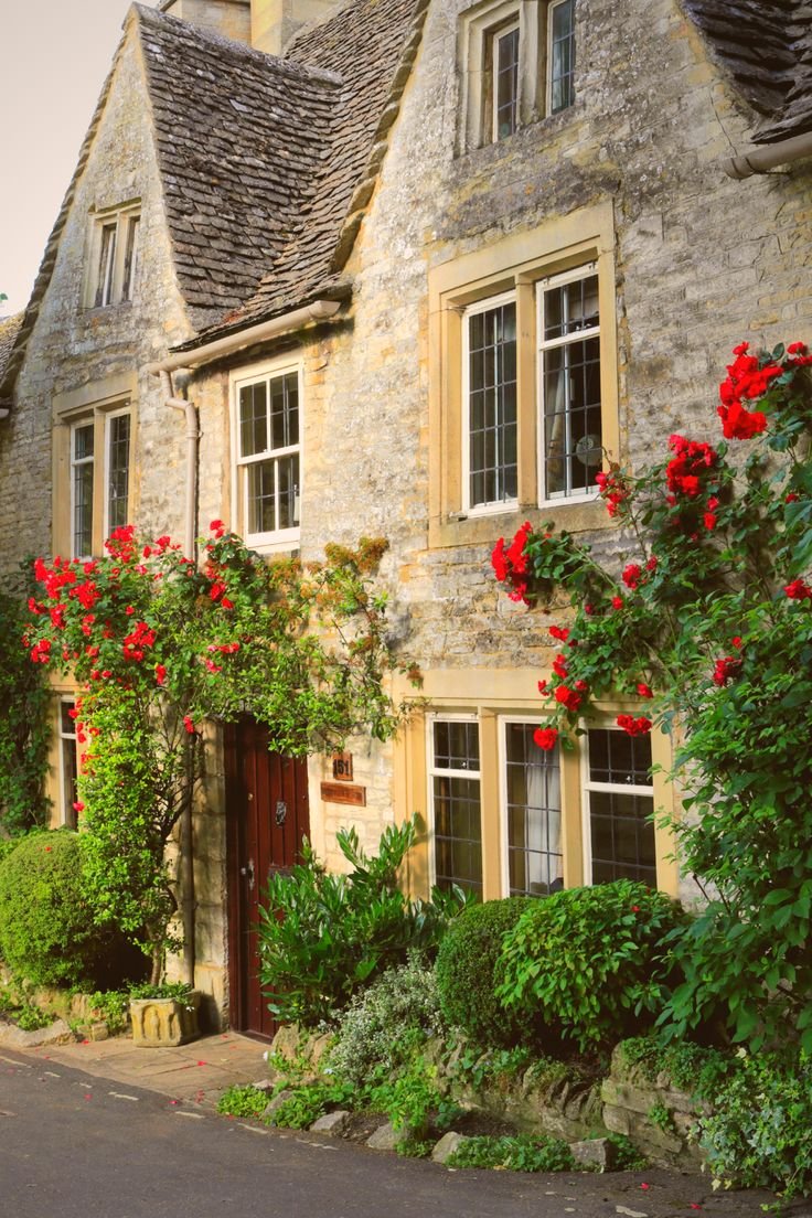 This may contain: an old stone house with red flowers growing on it's windows and bushes around the front door