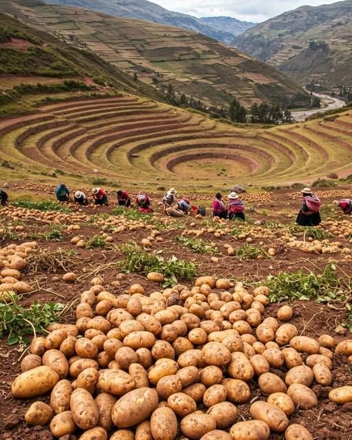 This may contain: potatoes are piled up on the ground in front of an open field with people working