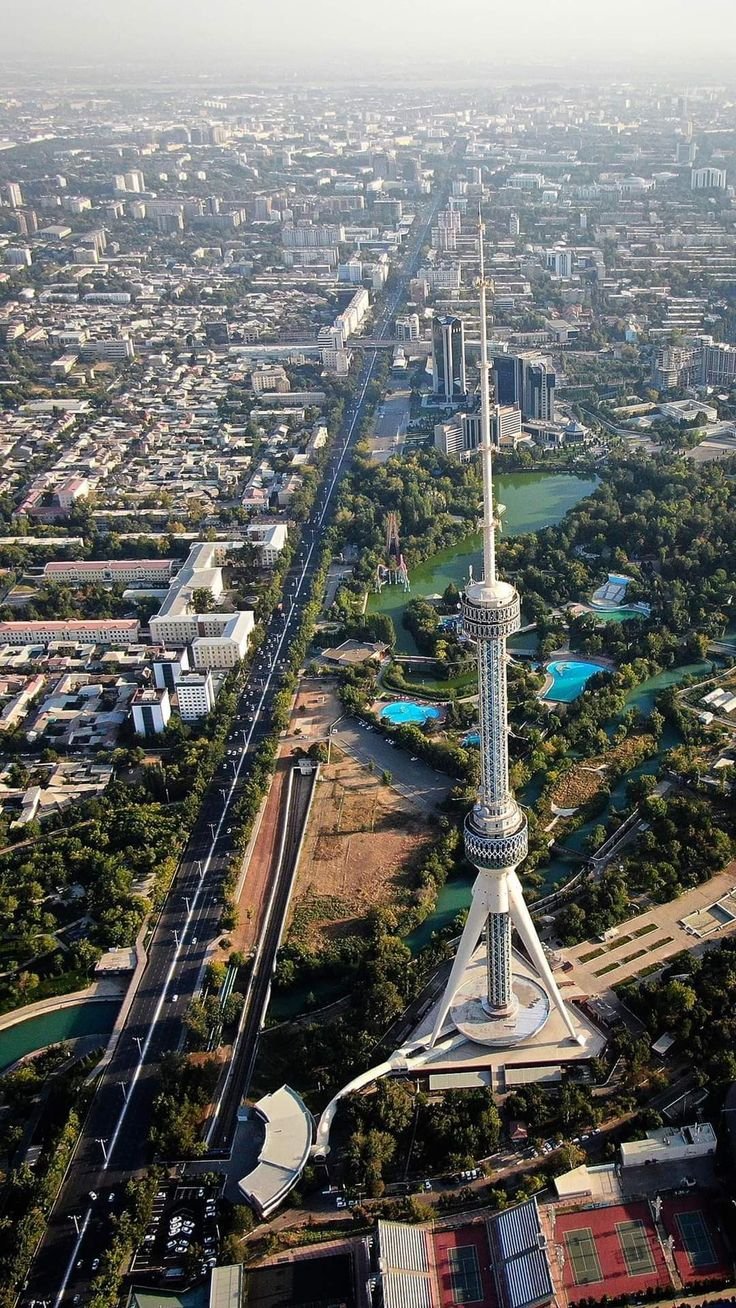 This may contain: an aerial view of a large city with tall buildings and lots of trees in the foreground