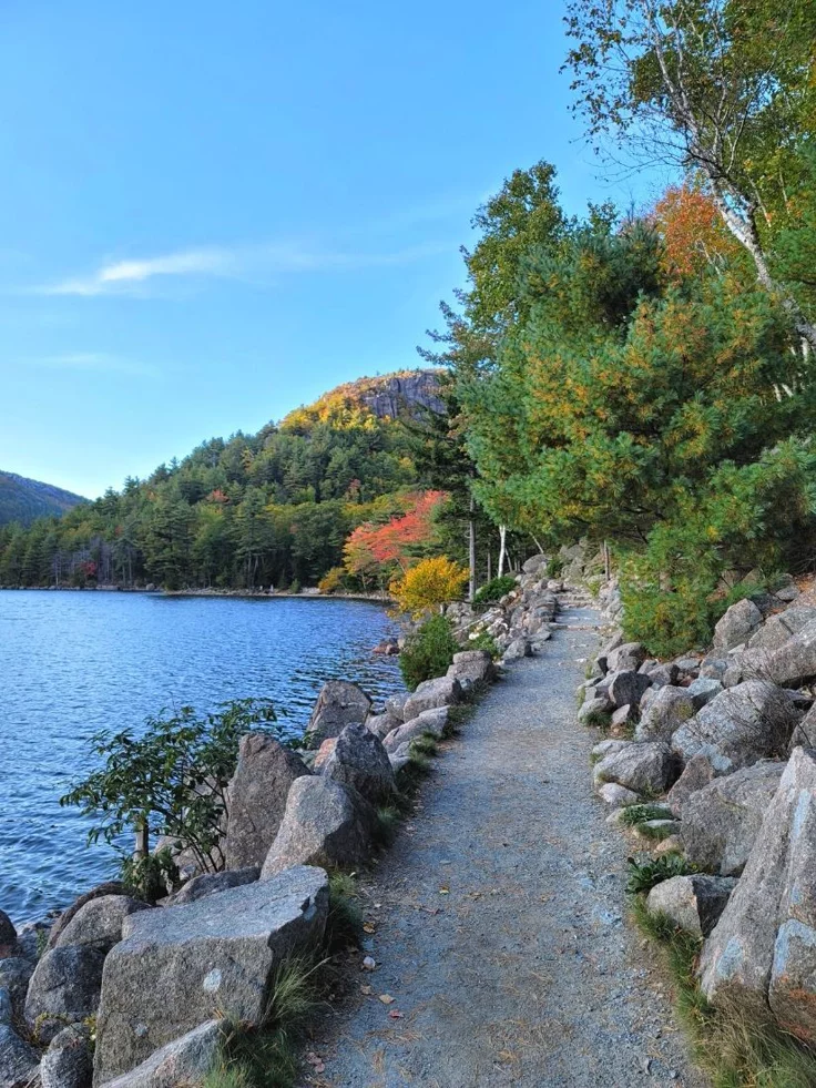 This may contain: a path that is next to some rocks and trees on the side of a body of water