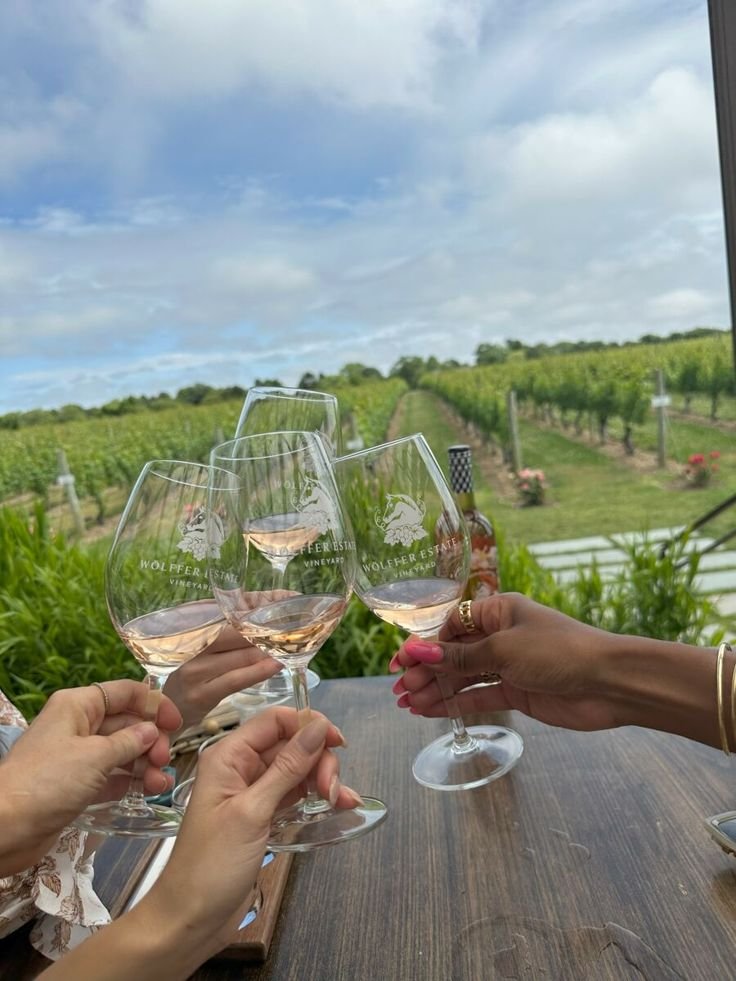 This may contain: three people are toasting with wine glasses on a table in front of some vineyards