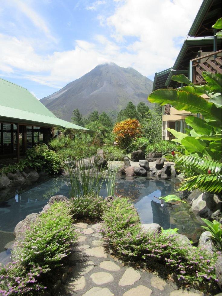 This may contain: there is a small pond in the middle of this garden with mountains in the background