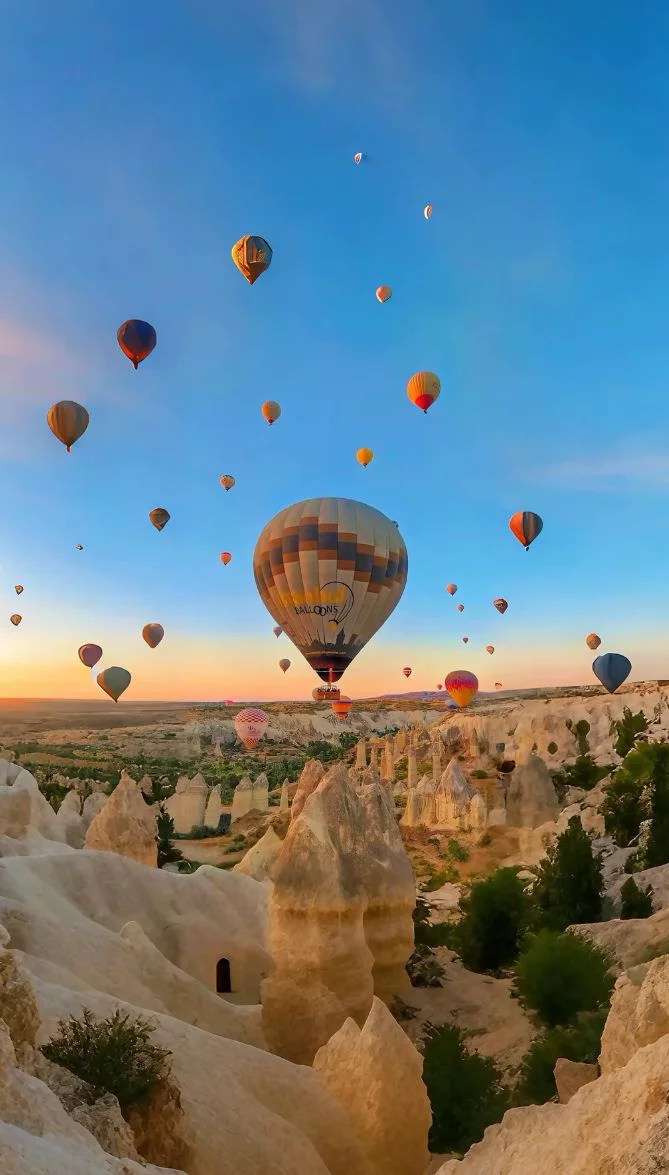 This may contain: many hot air balloons flying in the sky above some rocks and trees at sunset or dawn