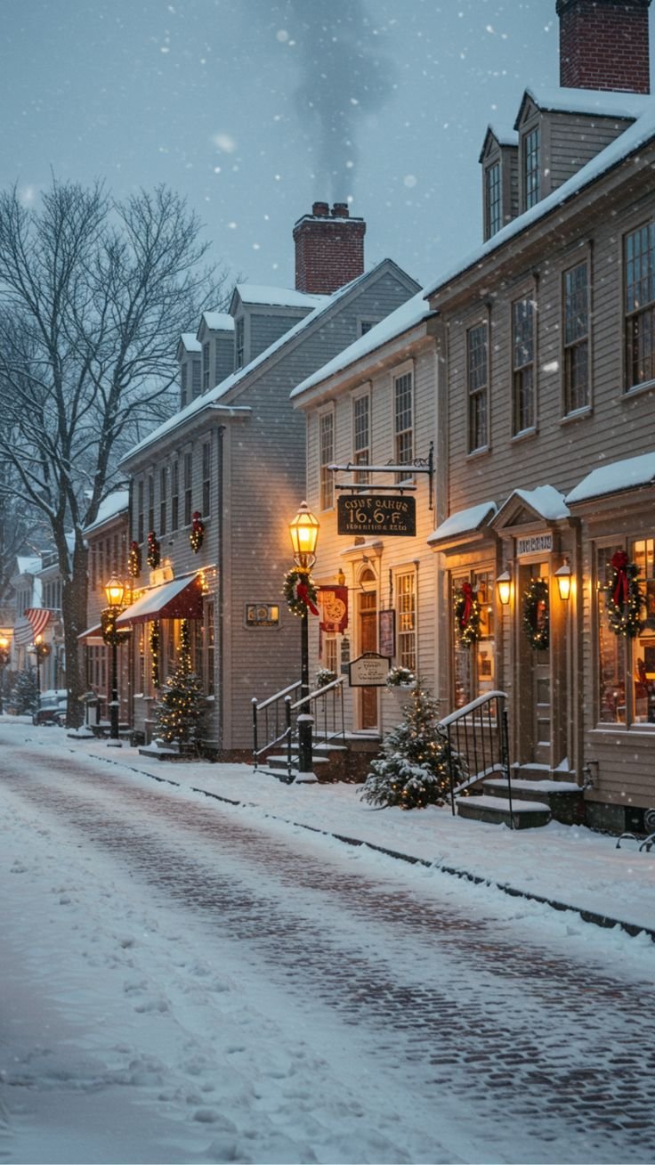 This may contain: a snow covered street with buildings and lights