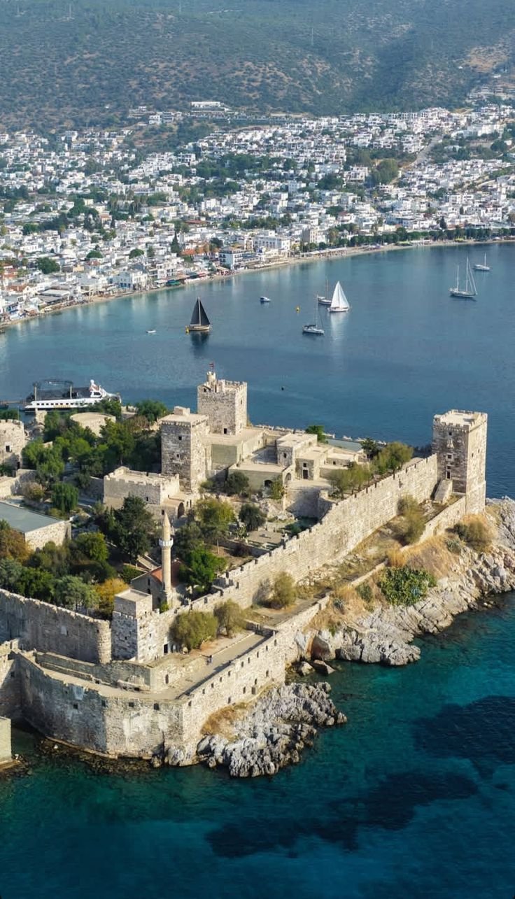 This may contain: an aerial view of a castle in the water