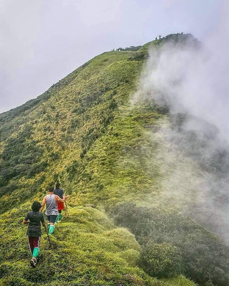 This may contain: three people walking up the side of a mountain on a foggy day with mist in the air