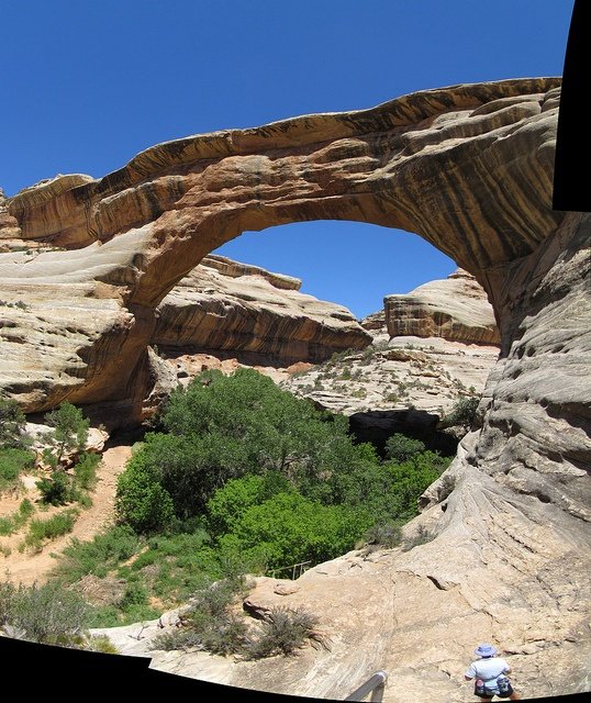 This may contain: an arch shaped rock formation in the middle of a desert area with trees and bushes