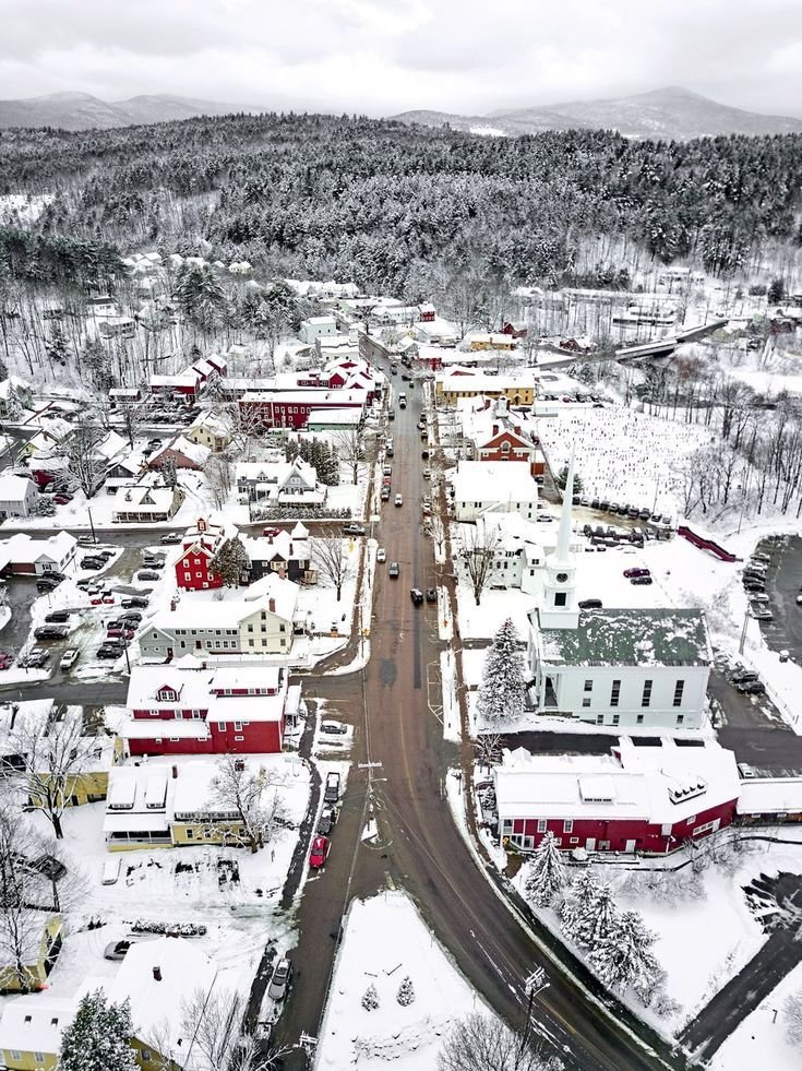 This may contain: an aerial view of a town in the winter