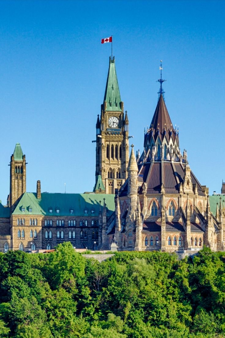 This may contain: a large building with a clock on the top of it's steeple surrounded by trees
