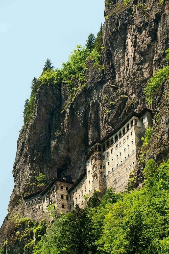 This may contain: an old castle built into the side of a mountain with trees growing out of it