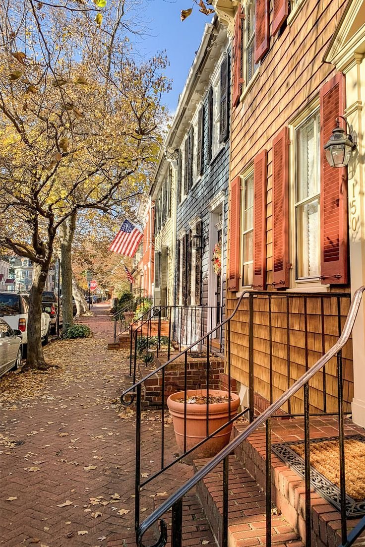 This may contain: a row of houses with red shutters on the front and side windows in autumn