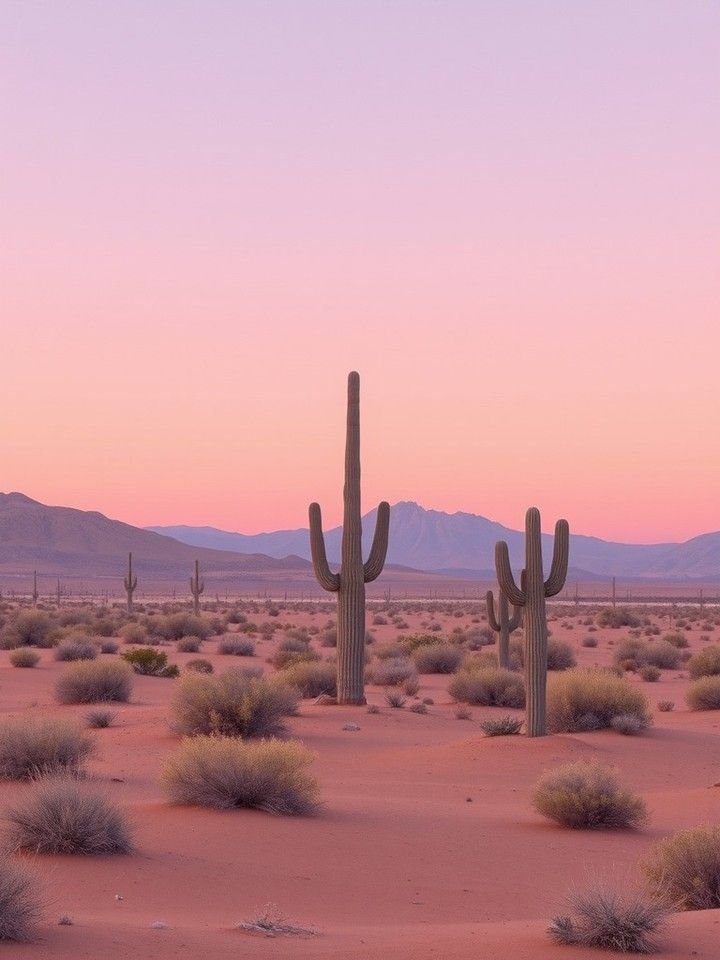 This may contain: the desert is full of cacti and cactus plants at sunset with mountains in the background