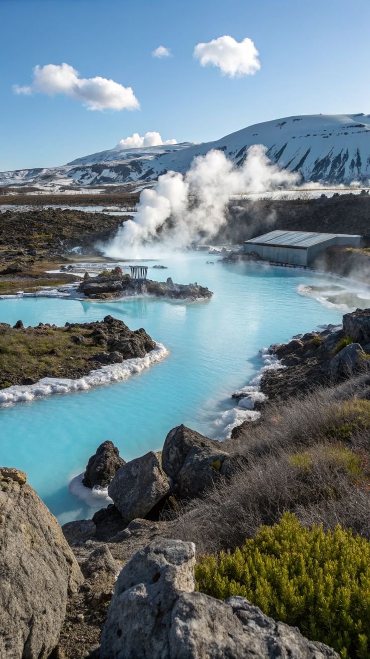 This may contain: the blue lagoon is surrounded by large rocks and snow capped mountains in the distance, with steam rising from the water