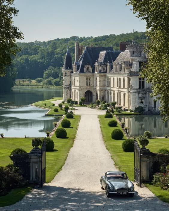 This may contain: a car parked in front of a large house