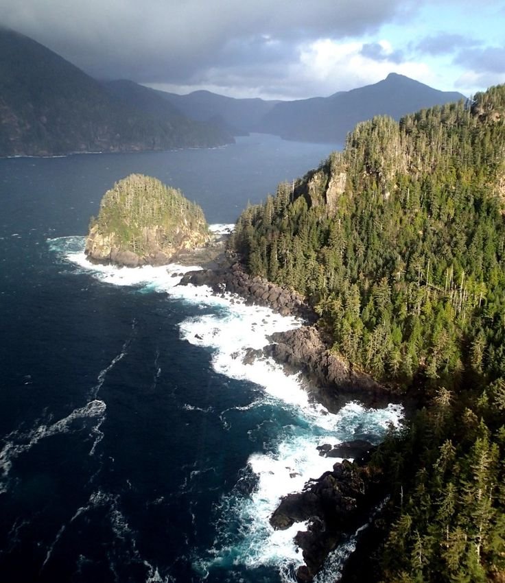 This may contain: an aerial view of the ocean and land with trees on both sides, in front of mountains